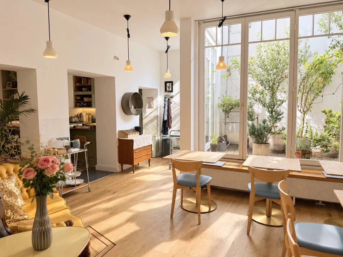 Creative Space im Maison Marsil mit Blick in den Wintergarten, offener Küche und Sofa