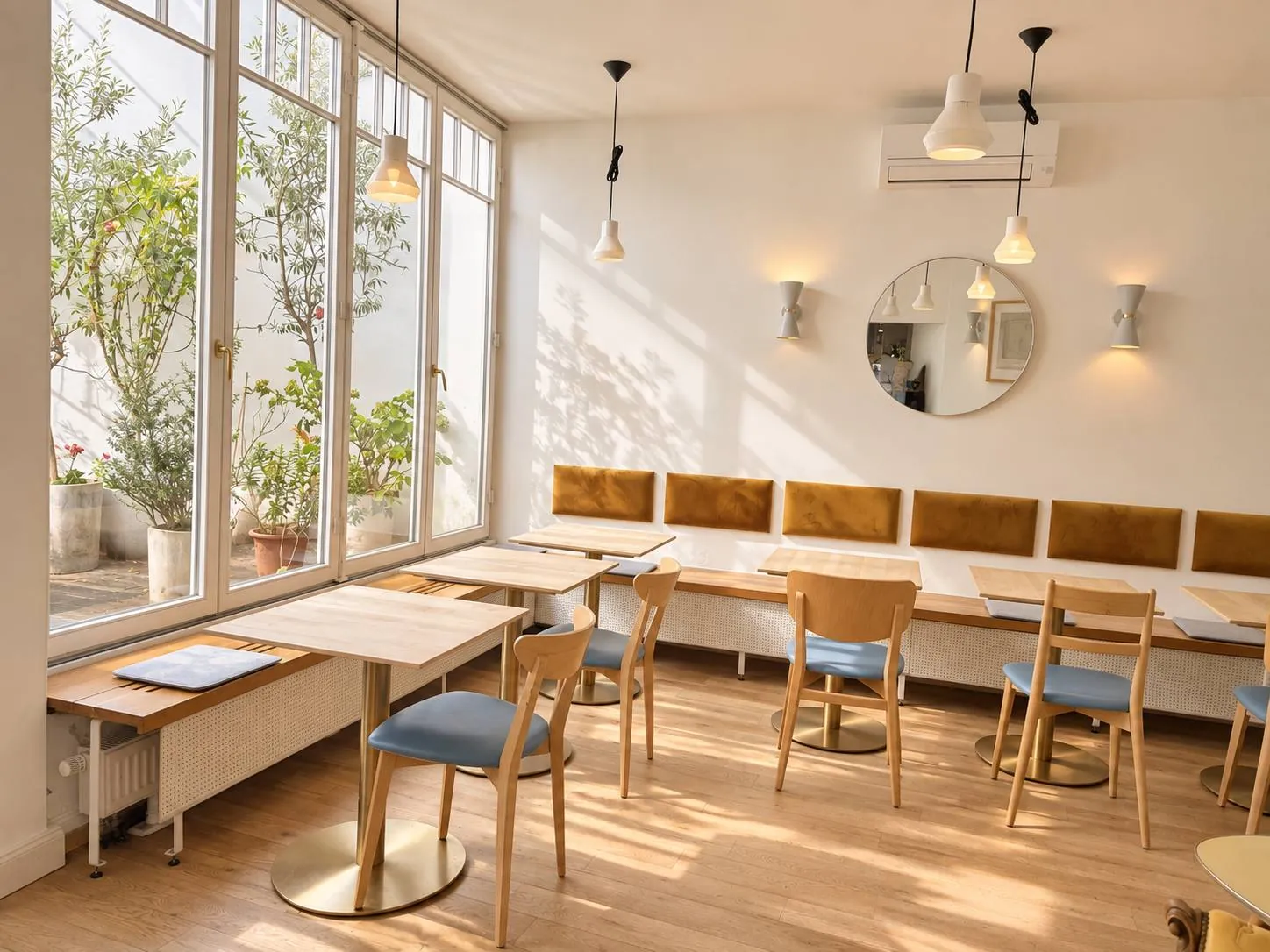 Creative Space im Maison Marsil mit Sonnenlicht, Fensterfront zum Wintergarten und Olivenbäumchen, Köln